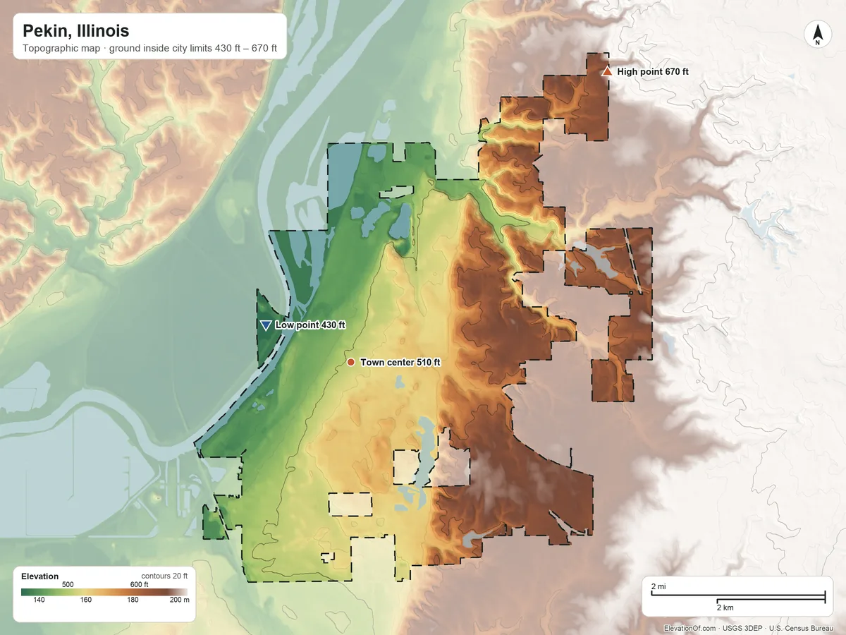 Topographic elevation map of Pekin, Illinois, shaded from 430 ft on the northwest side to 670 ft on the northeast side