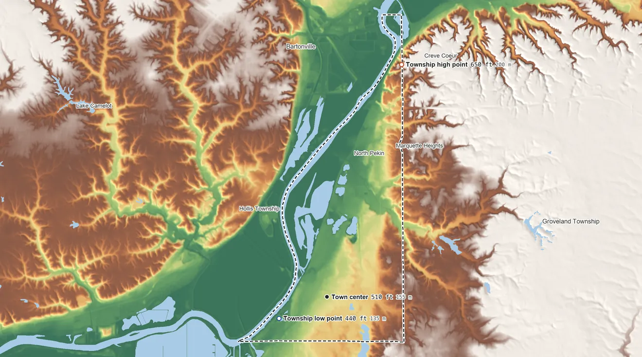 Topographic elevation map of Pekin Township, Illinois, shaded from 440 ft on the southwest side to 650 ft on the north side