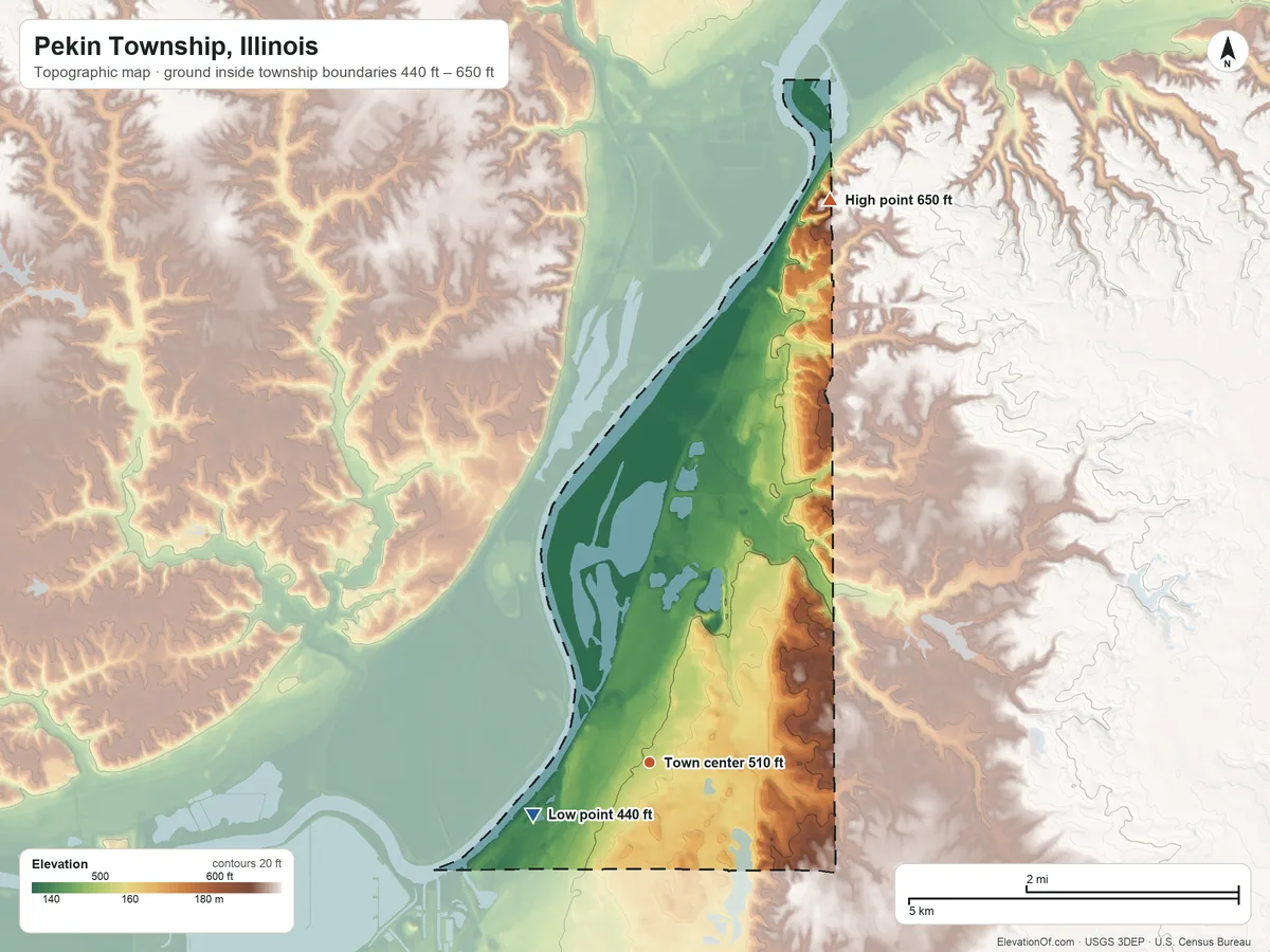 Topographic elevation map of Pekin Township, Illinois, shaded from 440 ft on the southwest side to 650 ft on the north side