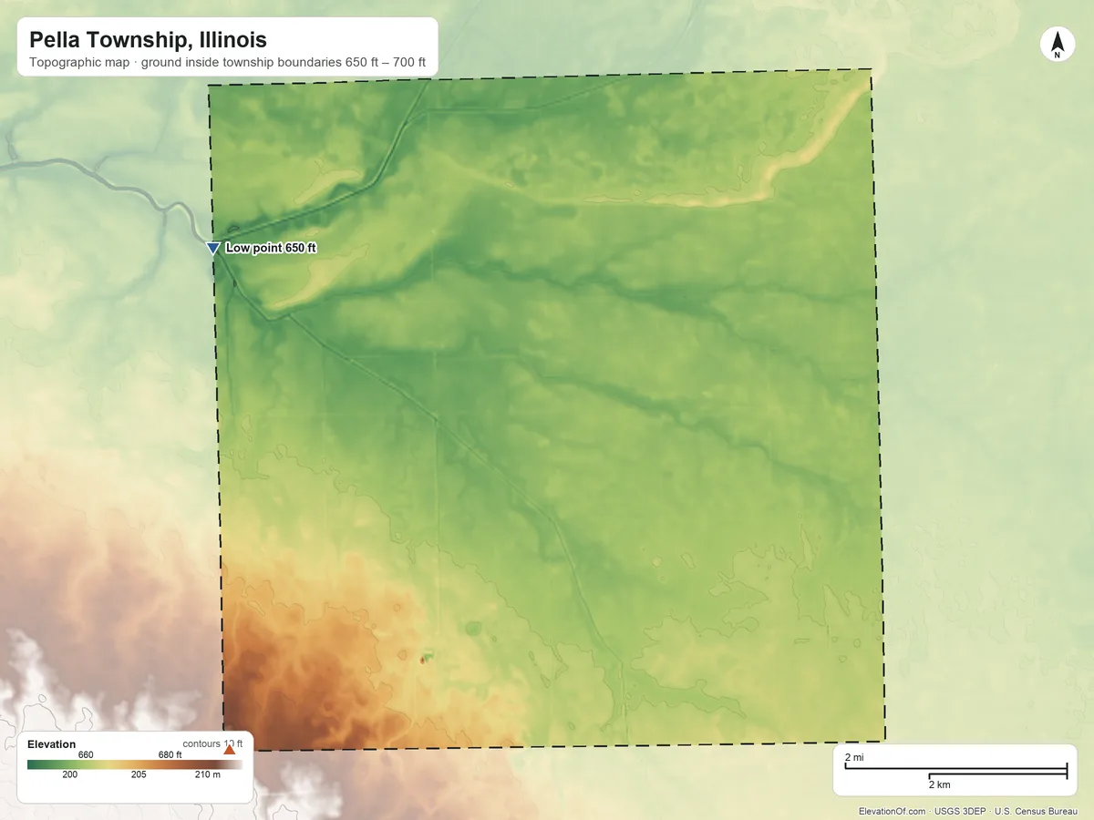 Topographic elevation map of Pella Township, Illinois, shaded from 650 ft on the northwest side to 700 ft on the southwest side