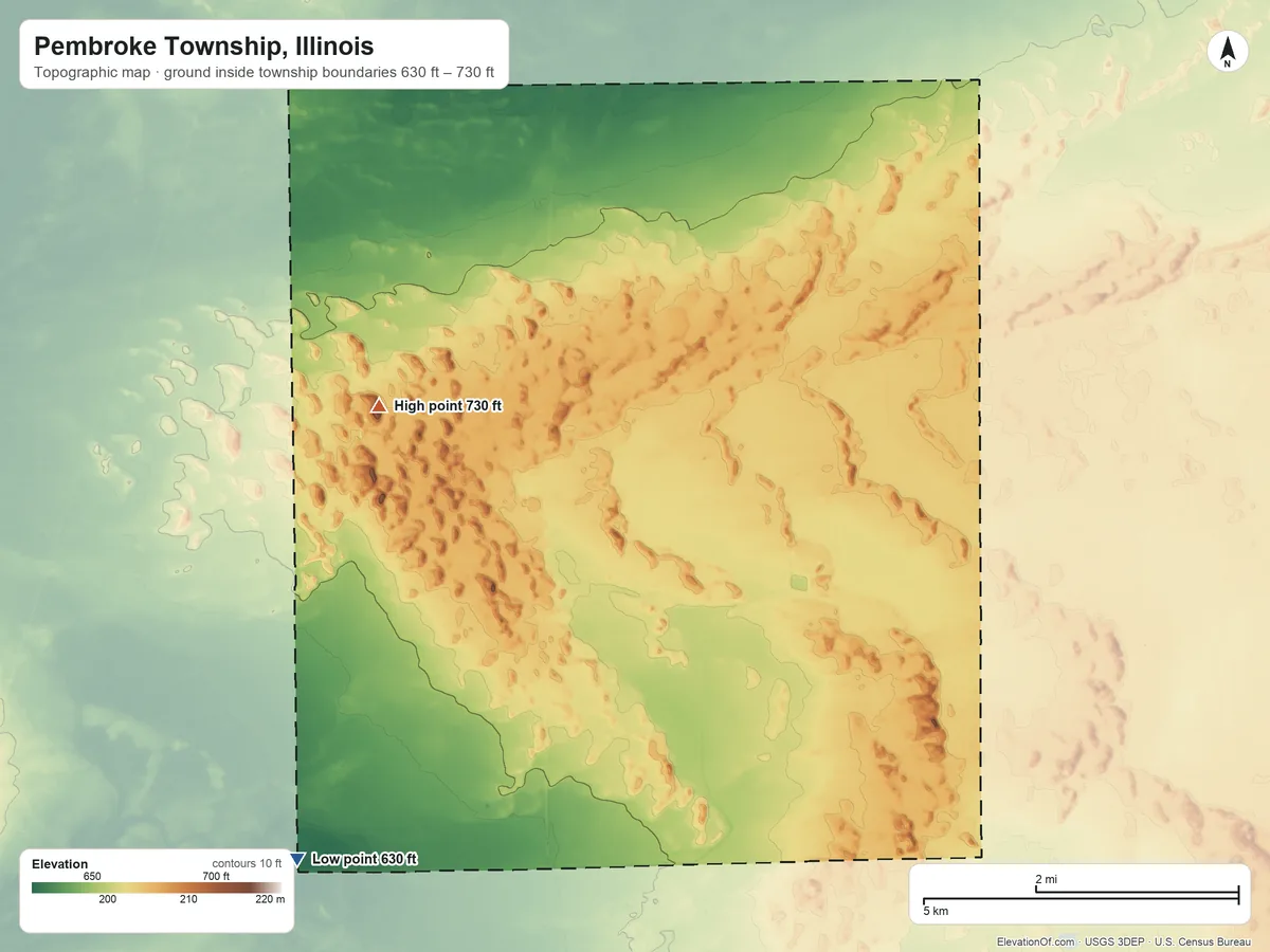 Topographic elevation map of Pembroke Township, Illinois, shaded from 630 ft on the southwest side to 730 ft on the west side