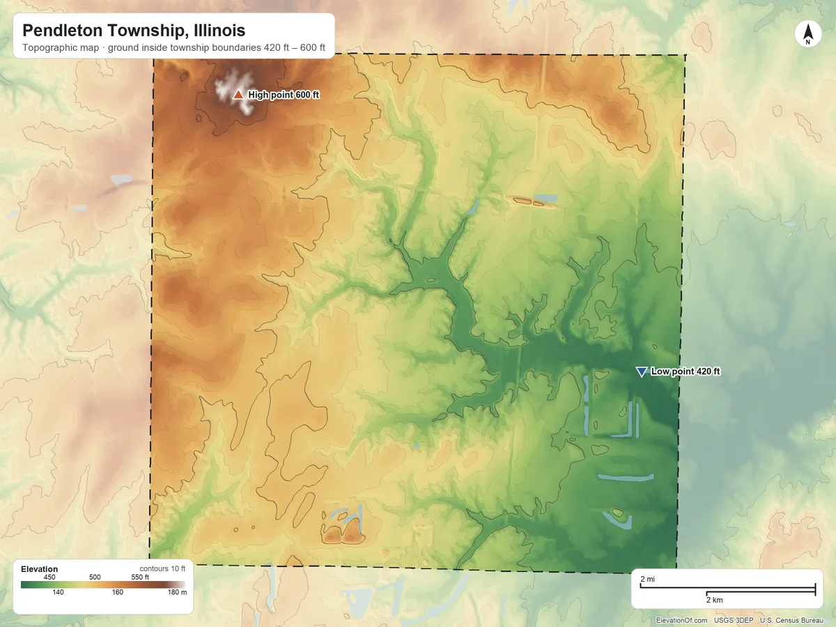 Topographic elevation map of Pendleton Township, Illinois, shaded from 420 ft on the east side to 600 ft on the northwest side