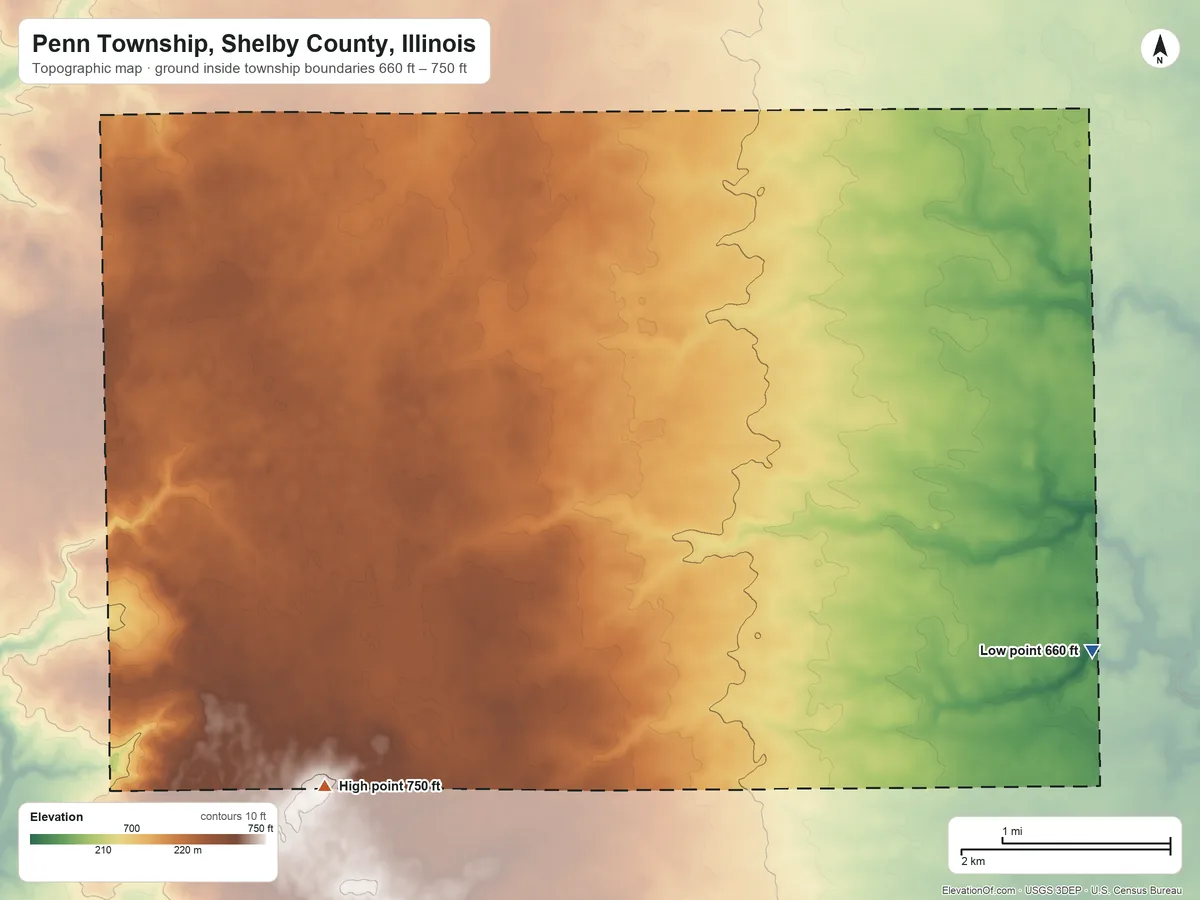 Topographic elevation map of Penn Township, Shelby County, Illinois, shaded from 660 ft on the southeast side to 750 ft on the southwest side