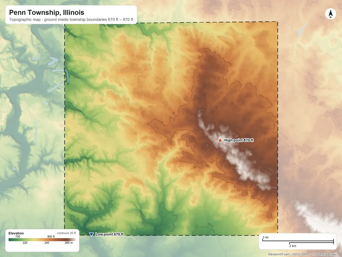 Topographic elevation map of Penn Township, Illinois, shaded from 670 ft on the southwest side to 870 ft on the east side