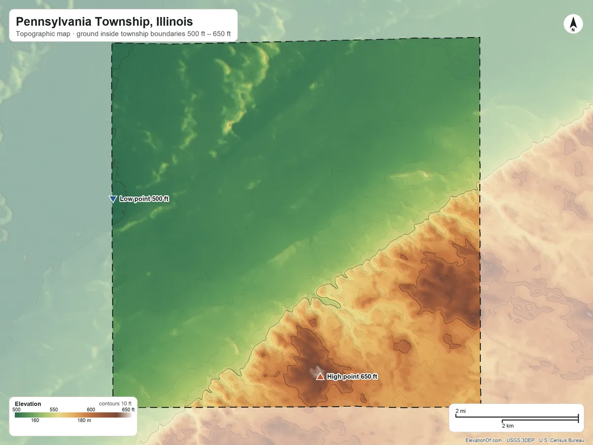 Topographic elevation map of Pennsylvania Township, Illinois, shaded from 500 ft on the west side to 650 ft on the south side