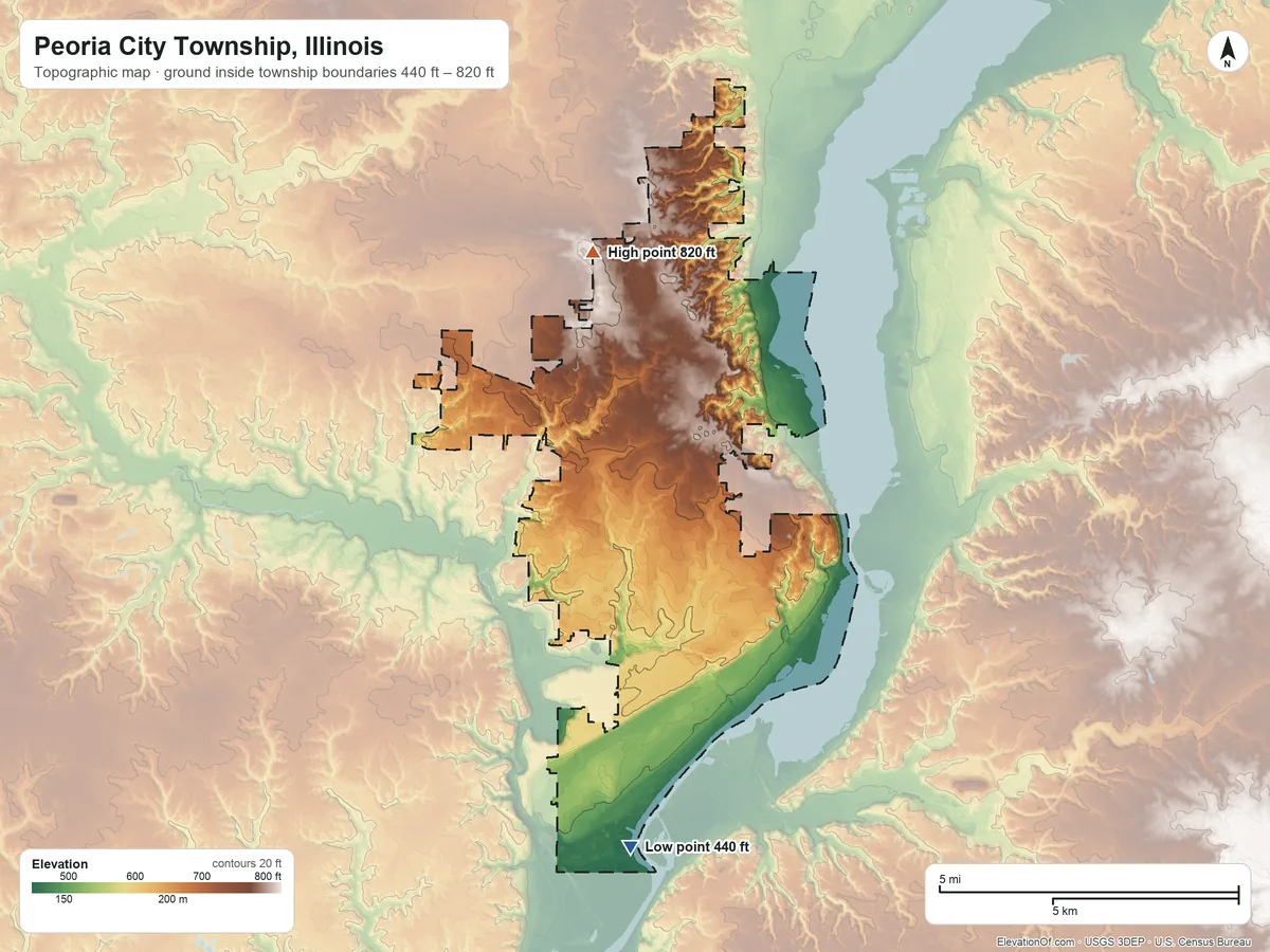Topographic elevation map of Peoria City Township, Illinois, shaded from 440 ft on the south side to 820 ft on the north side