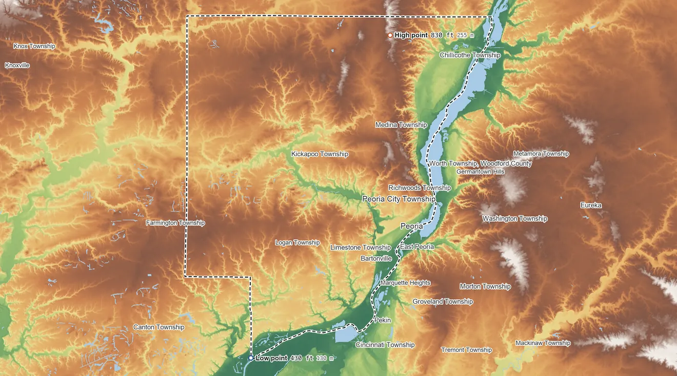 Topographic elevation map of Peoria County, Illinois, shaded from 430 ft on the southwest side to 830 ft on the north side