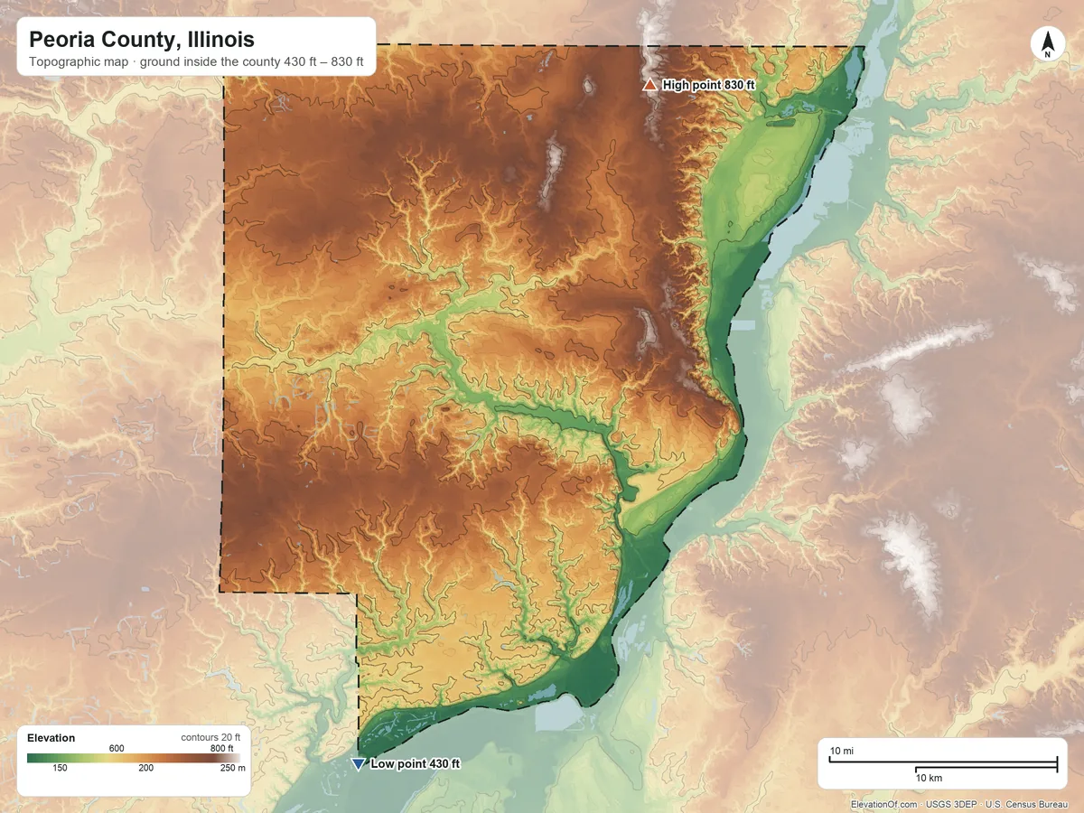 Topographic elevation map of Peoria County, Illinois, shaded from 430 ft on the southwest side to 830 ft on the north side