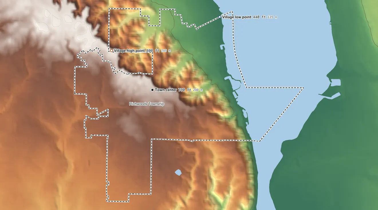 Topographic elevation map of Peoria Heights, Illinois, shaded from 440 ft on the northeast side to 800 ft on the northwest side