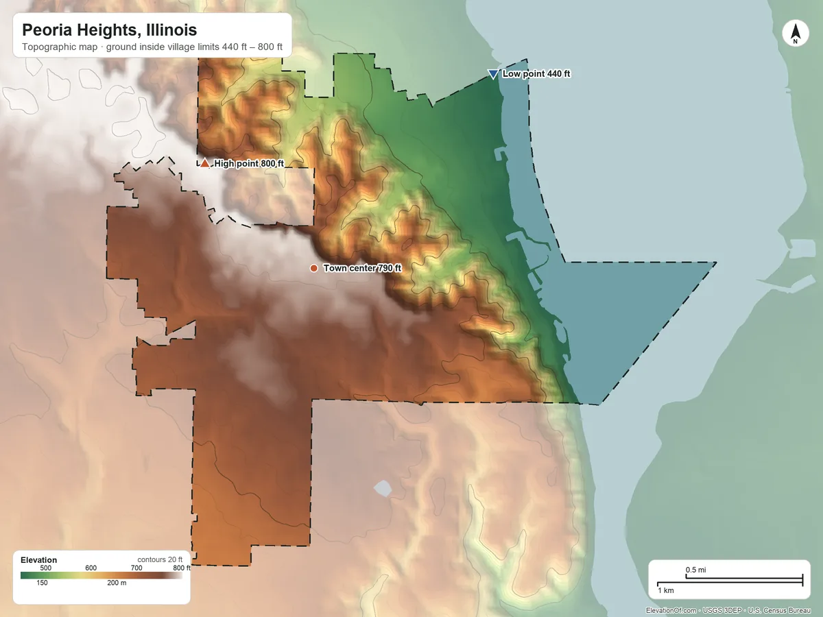 Topographic elevation map of Peoria Heights, Illinois, shaded from 440 ft on the northeast side to 800 ft on the northwest side