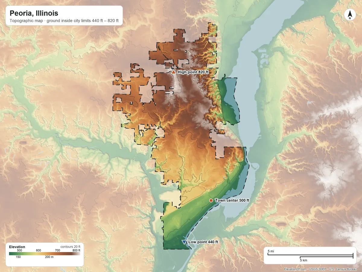 Topographic elevation map of Peoria, Illinois, shaded from 440 ft on the southwest side to 820 ft on the north side