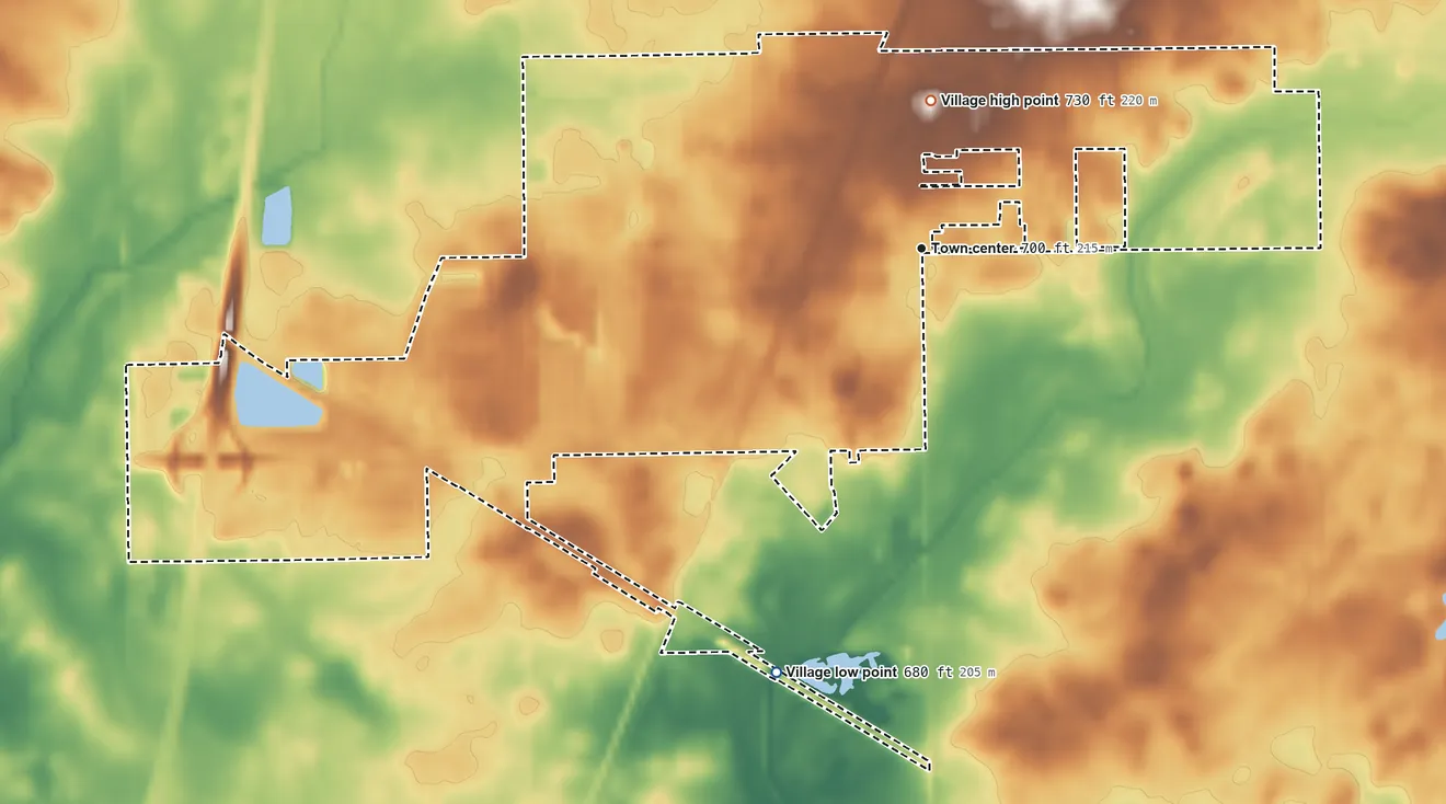 Topographic elevation map of Peotone, Illinois, shaded from 680 ft on the south side to 730 ft on the north side