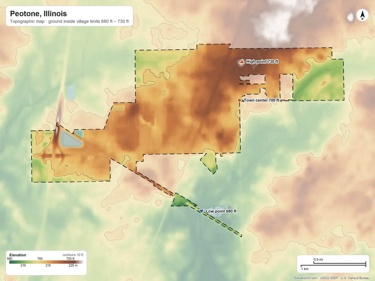 Topographic elevation map of Peotone, Illinois, shaded from 680 ft on the south side to 730 ft on the north side