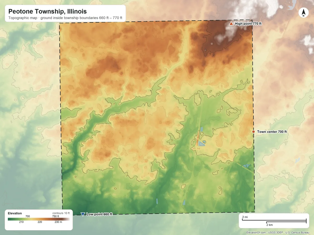 Topographic elevation map of Peotone Township, Illinois, shaded from 660 ft on the southwest side to 770 ft on the north side