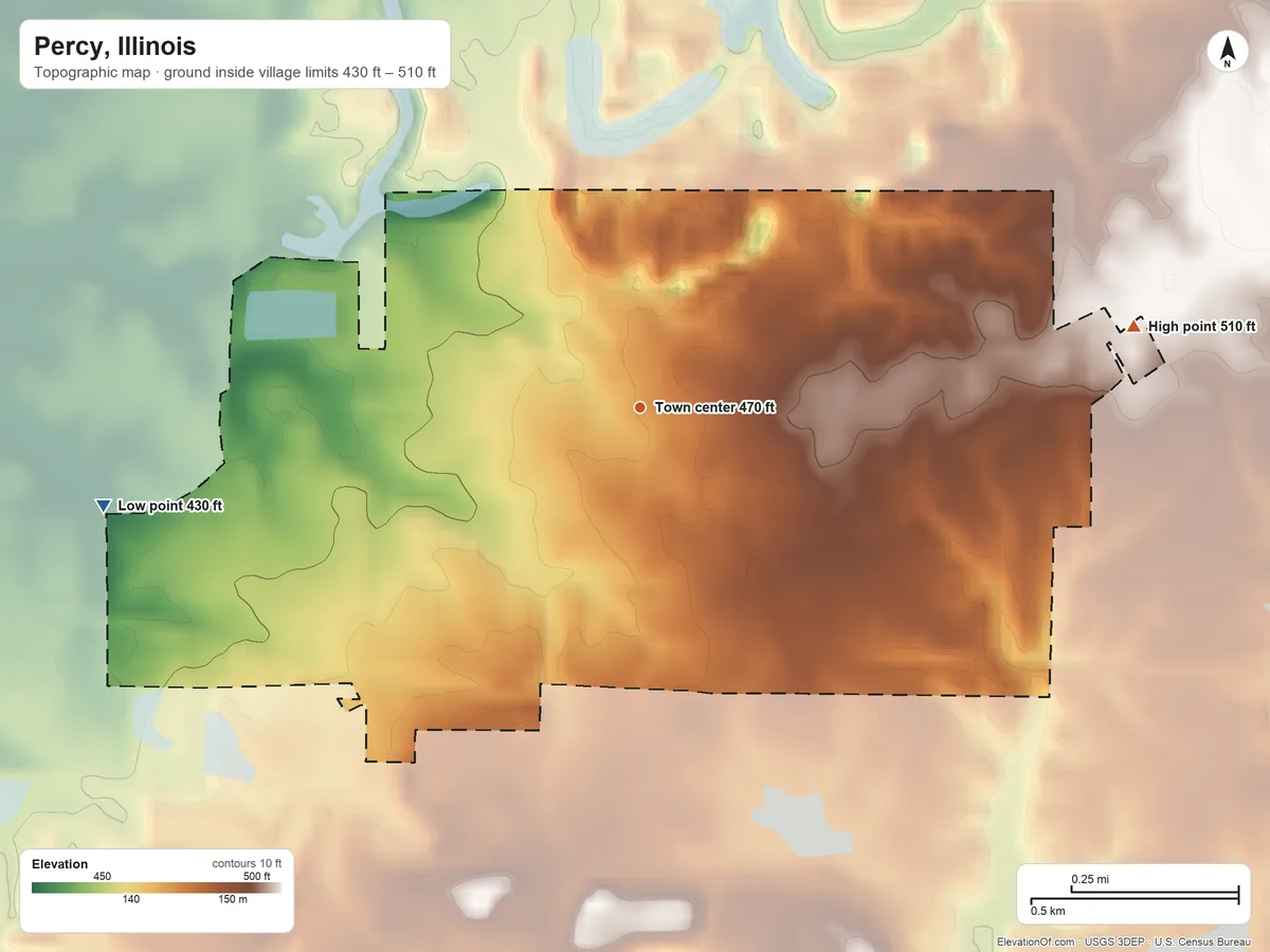 Topographic elevation map of Percy, Illinois, shaded from 430 ft on the west side to 510 ft on the east side