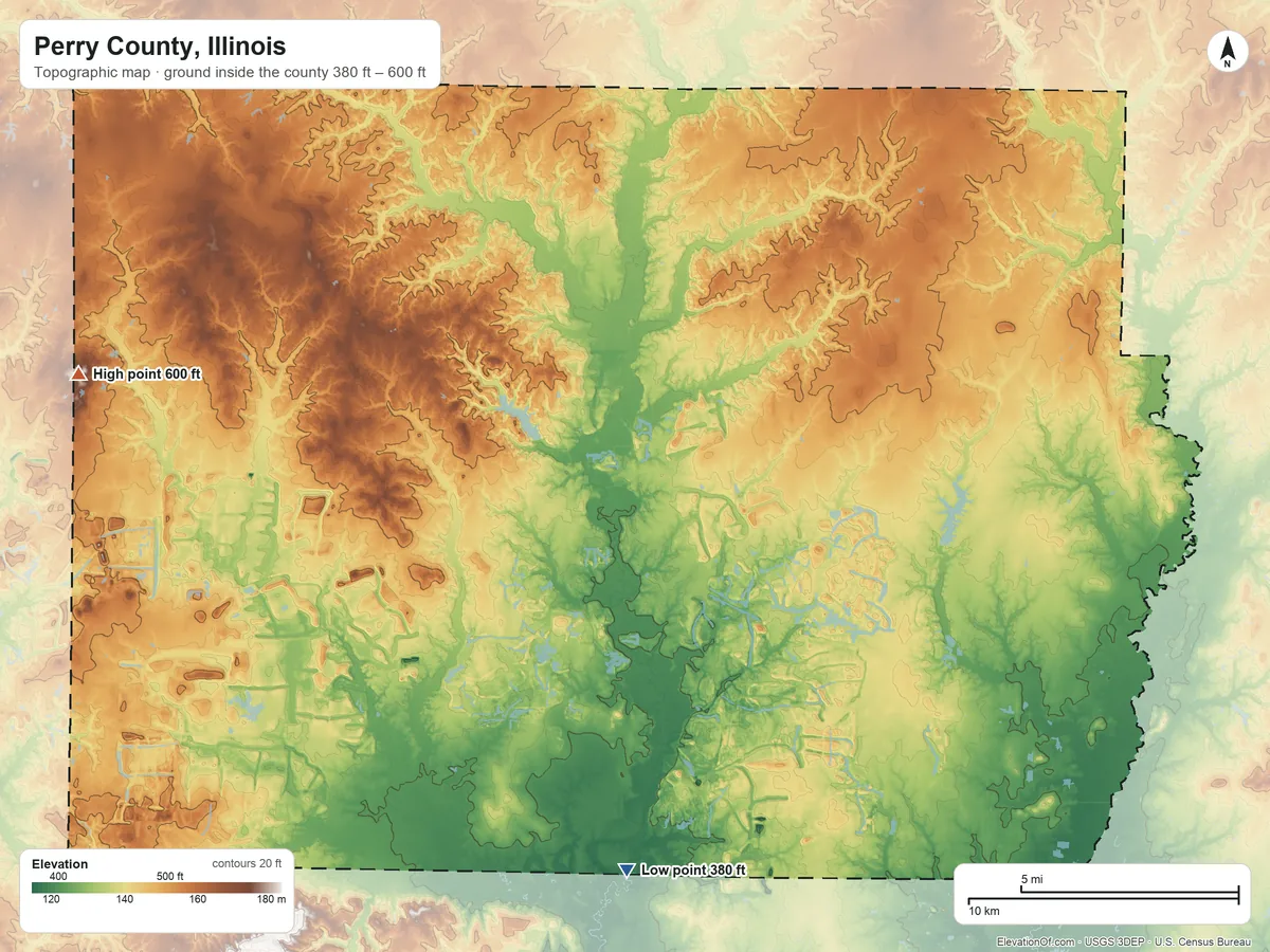 Topographic elevation map of Perry County, Illinois, shaded from 380 ft on the south side to 600 ft on the west side