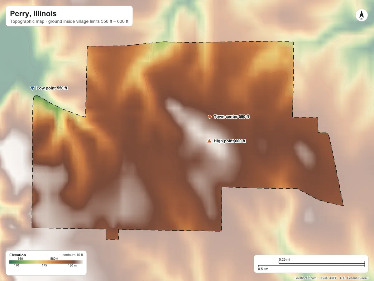 Topographic elevation map of Perry, Illinois, shaded from 550 ft on the west side to 600 ft near the middle