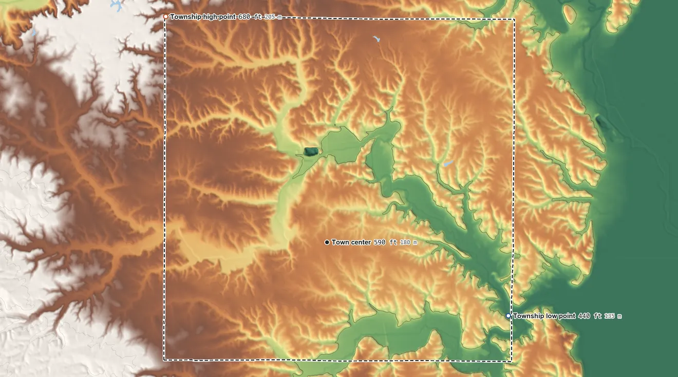 Topographic elevation map of Perry Township, Illinois, shaded from 440 ft on the east side to 680 ft on the northwest side