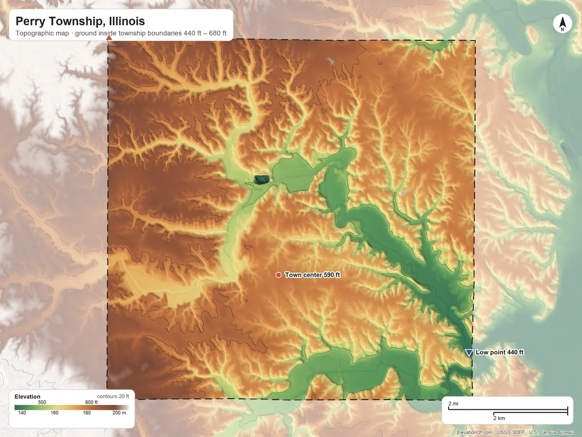 Topographic elevation map of Perry Township, Illinois, shaded from 440 ft on the east side to 680 ft on the northwest side