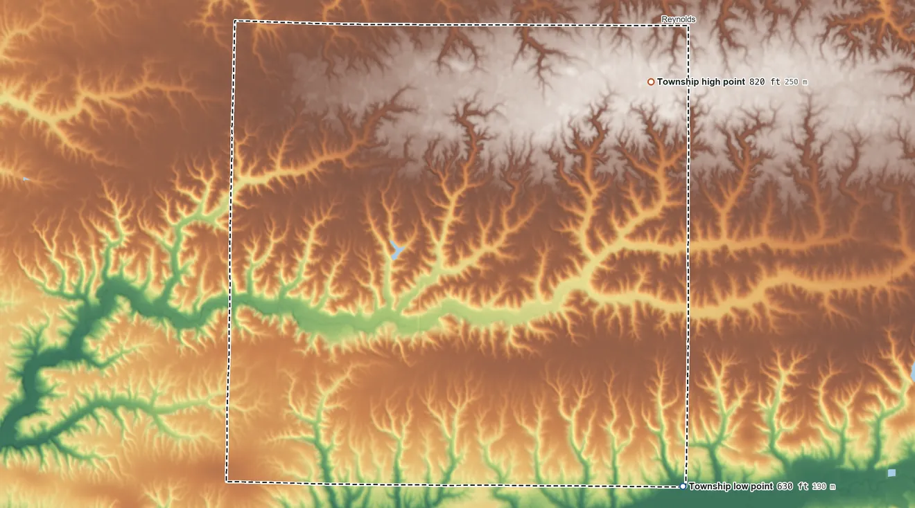 Topographic elevation map of Perryton Township, Illinois, shaded from 630 ft on the southeast side to 820 ft on the northeast side