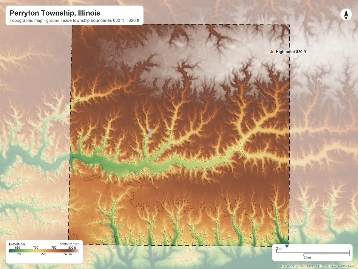 Topographic elevation map of Perryton Township, Illinois, shaded from 630 ft on the southeast side to 820 ft on the northeast side