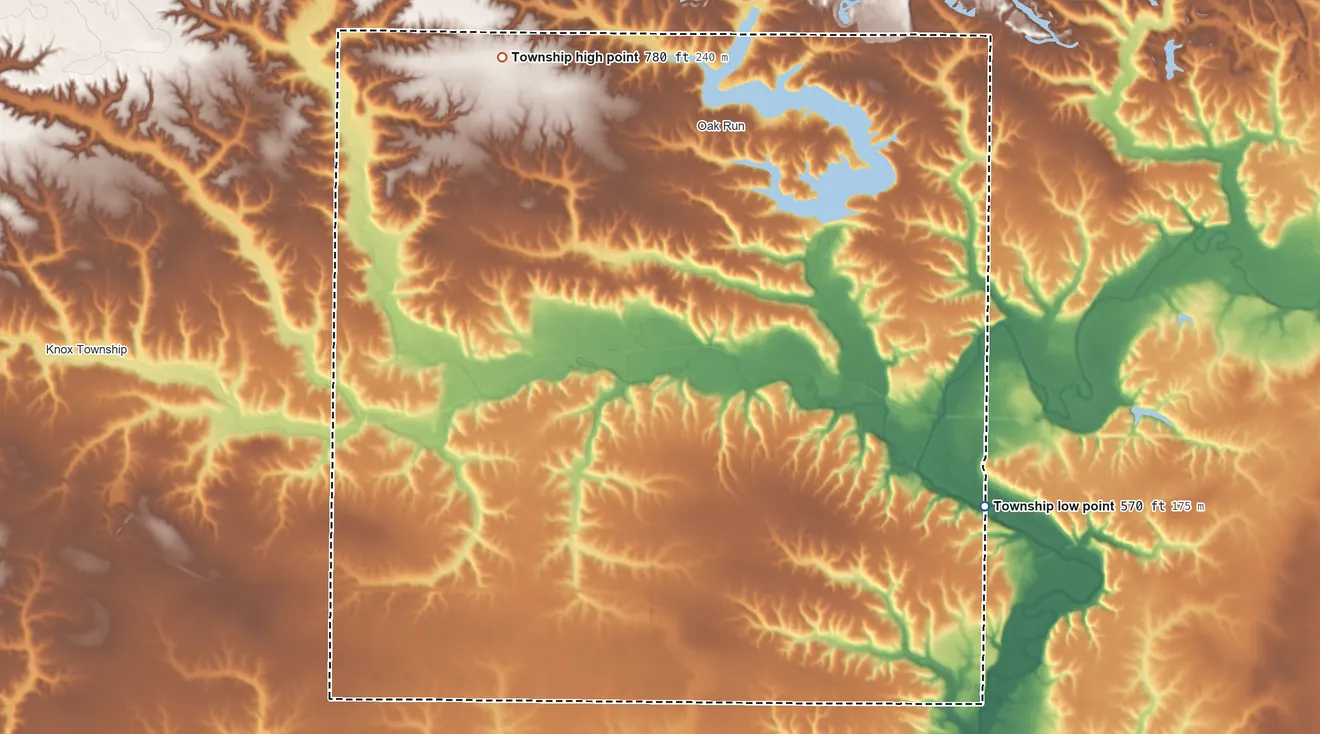 Topographic elevation map of Persifer Township, Illinois, shaded from 570 ft on the southeast side to 780 ft on the northwest side
