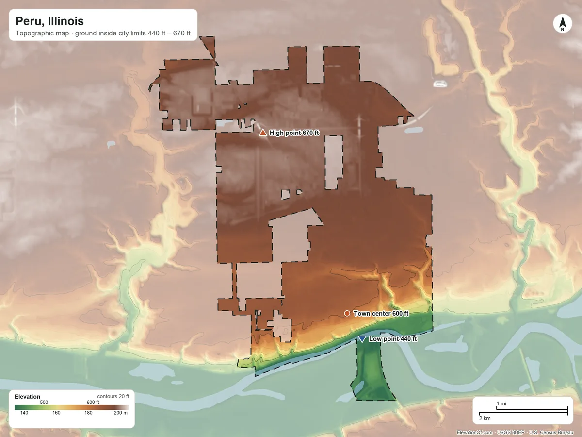 Topographic elevation map of Peru, Illinois, shaded from 440 ft near the middle to 670 ft on the northwest side