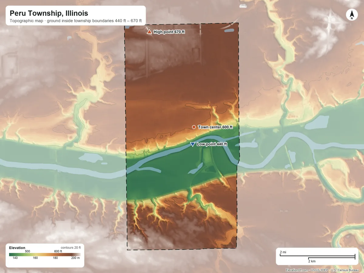 Topographic elevation map of Peru Township, Illinois, shaded from 440 ft near the middle to 670 ft on the northwest side