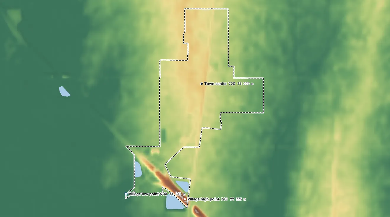 Topographic elevation map of Pesotum, Illinois, shaded from 700 ft on the southwest side to 740 ft on the south side