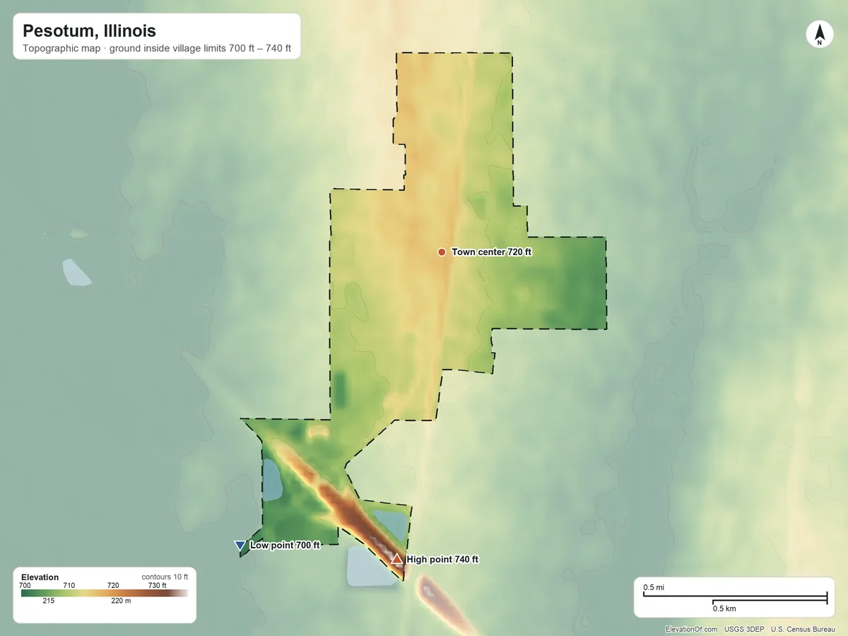 Topographic elevation map of Pesotum, Illinois, shaded from 700 ft on the southwest side to 740 ft on the south side
