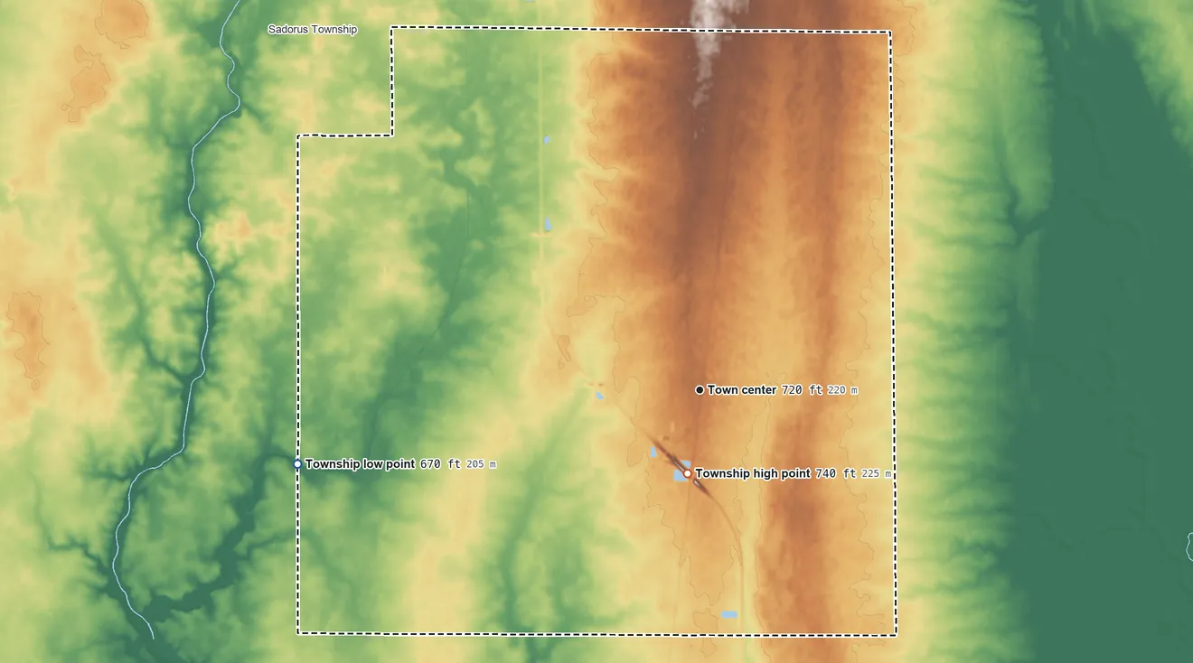 Topographic elevation map of Pesotum Township, Illinois, shaded from 670 ft on the west side to 740 ft near the middle