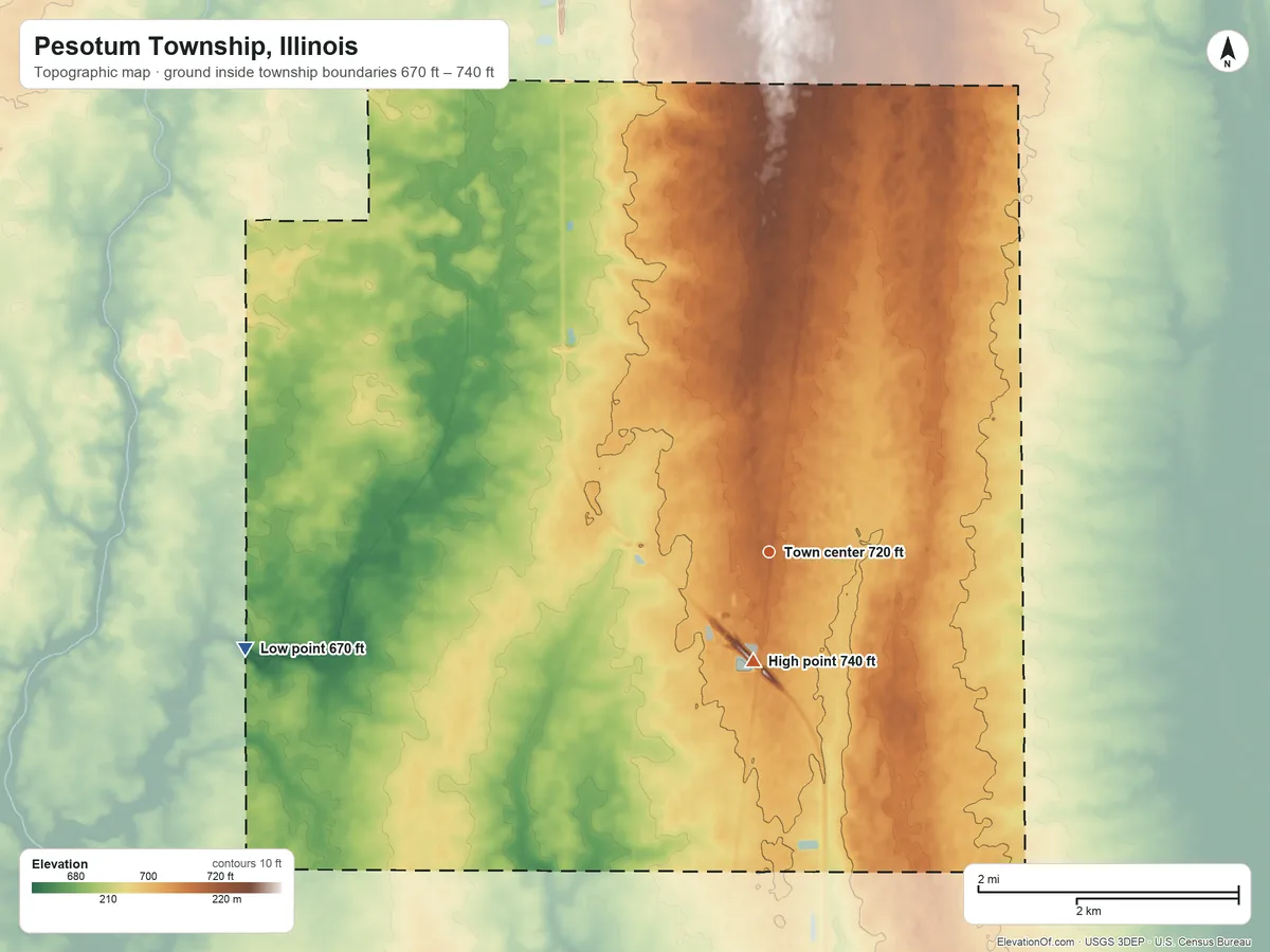 Topographic elevation map of Pesotum Township, Illinois, shaded from 670 ft on the west side to 740 ft near the middle