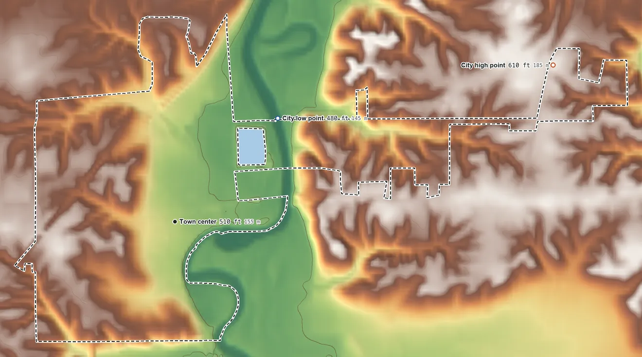 Topographic elevation map of Petersburg, Illinois, shaded from 480 ft on the northeast side to 610 ft on the east side