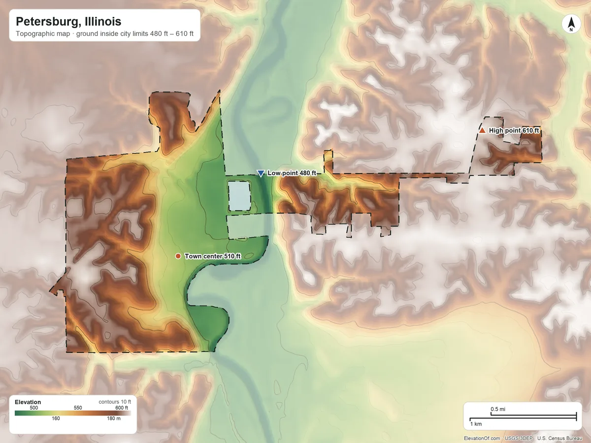 Topographic elevation map of Petersburg, Illinois, shaded from 480 ft on the northeast side to 610 ft on the east side