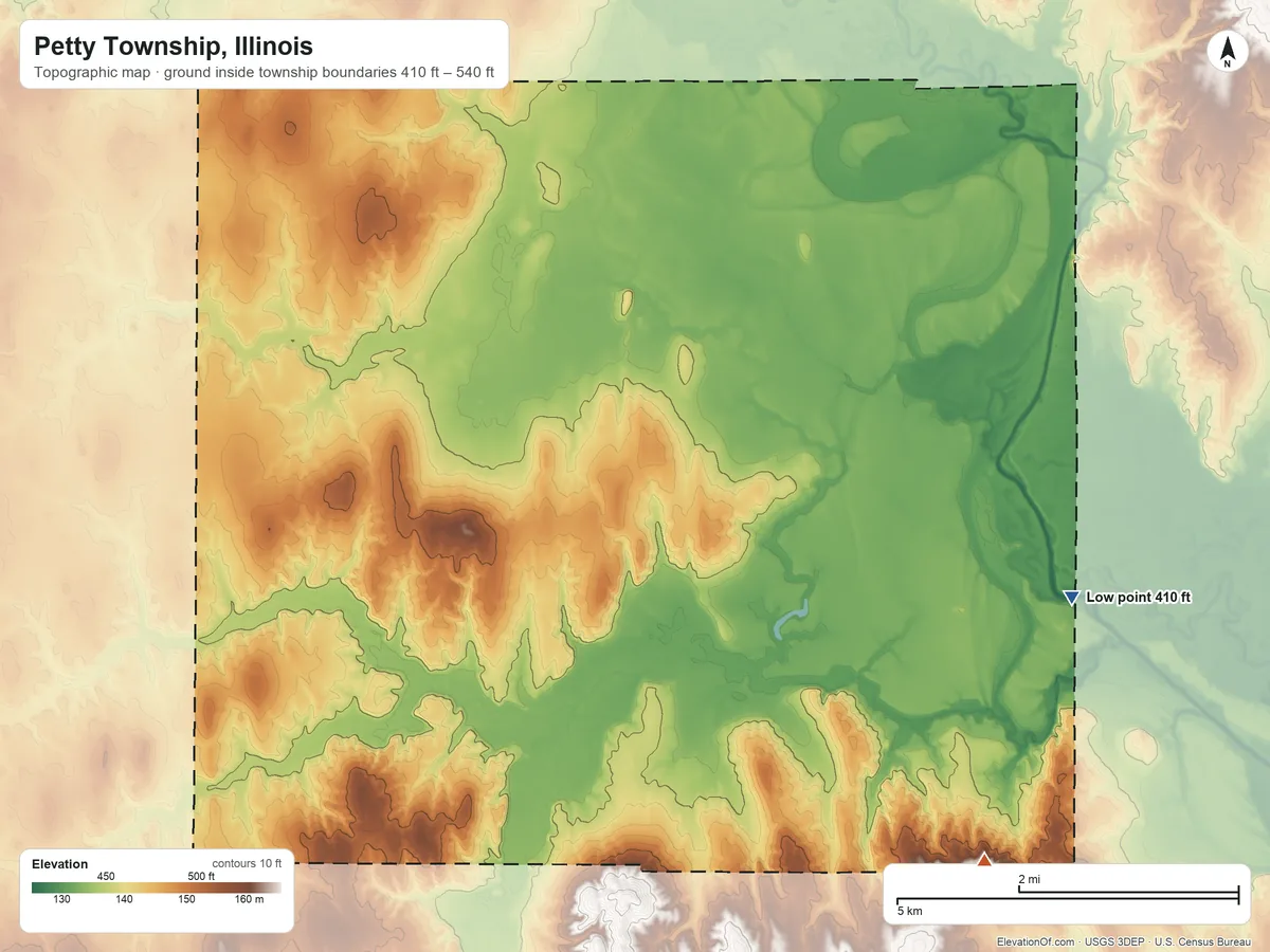 Topographic elevation map of Petty Township, Illinois, shaded from 410 ft on the east side to 540 ft on the southeast side