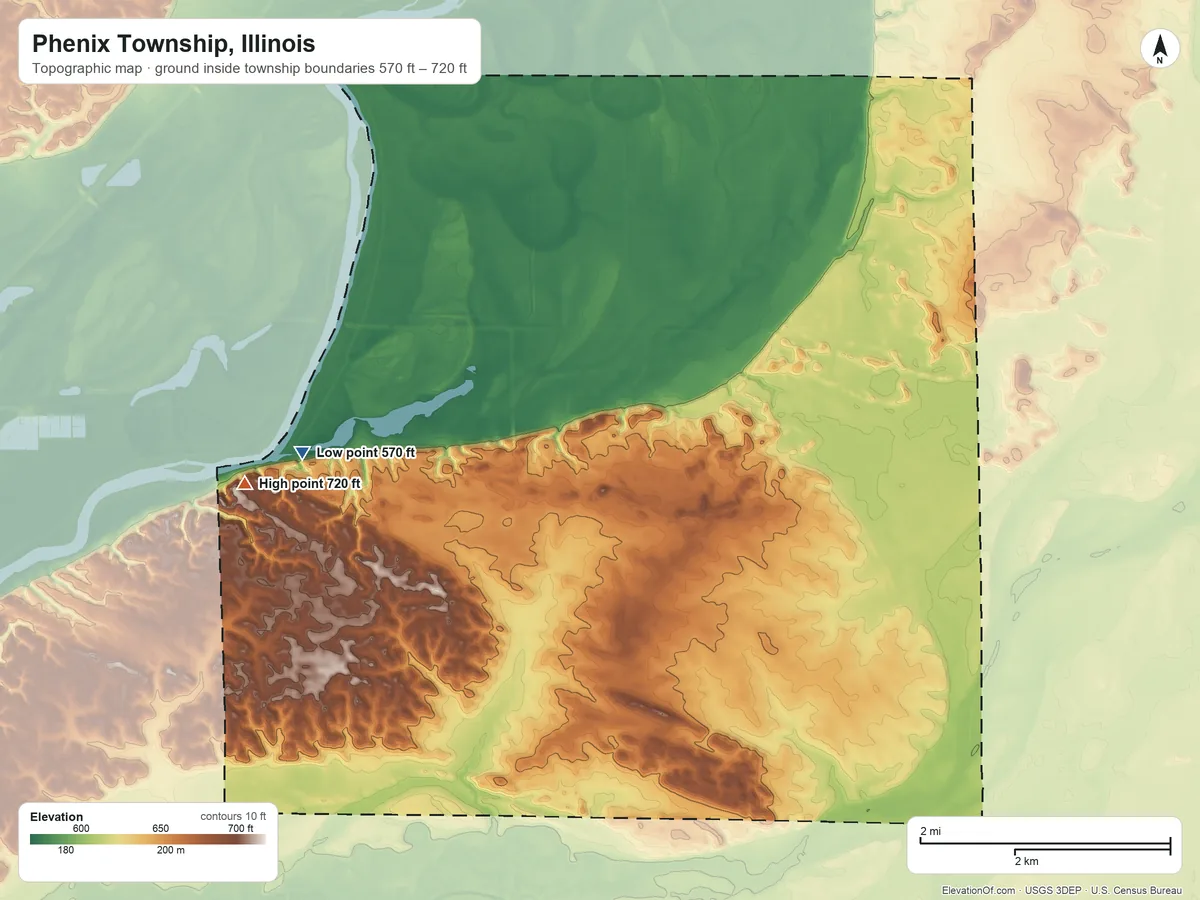 Topographic elevation map of Phenix Township, Illinois, shaded from 570 ft on the northwest side to 720 ft on the northwest side