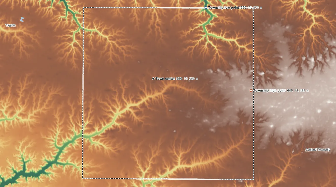 Topographic elevation map of Philadelphia Township, Illinois, shaded from 550 ft on the northeast side to 640 ft on the east side
