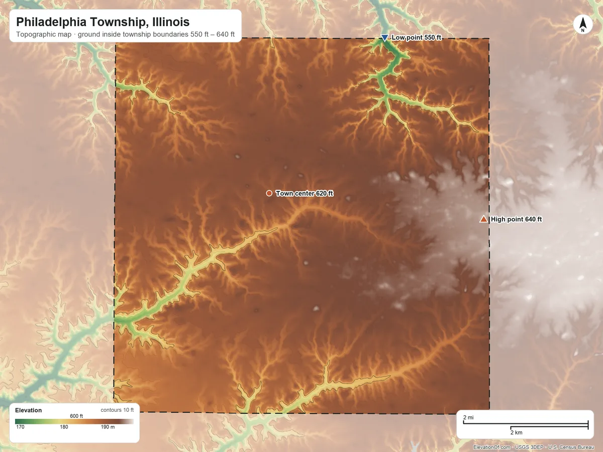 Topographic elevation map of Philadelphia Township, Illinois, shaded from 550 ft on the northeast side to 640 ft on the east side
