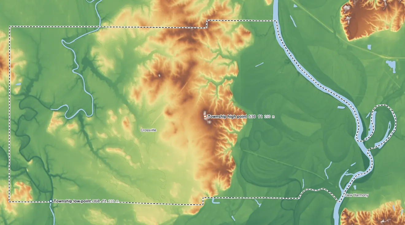 Topographic elevation map of Phillips Township, Illinois, shaded from 360 ft on the southwest side to 530 ft on the east side