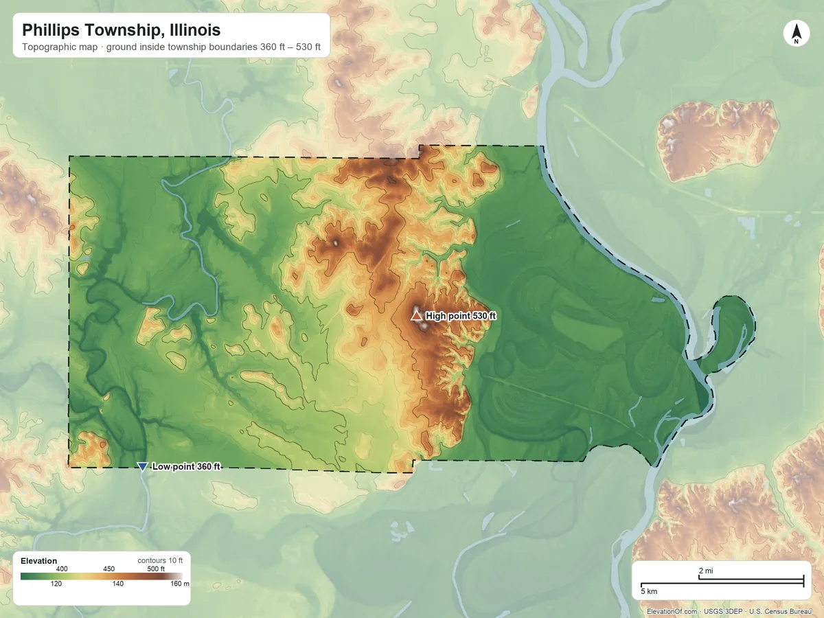 Topographic elevation map of Phillips Township, Illinois, shaded from 360 ft on the southwest side to 530 ft on the east side