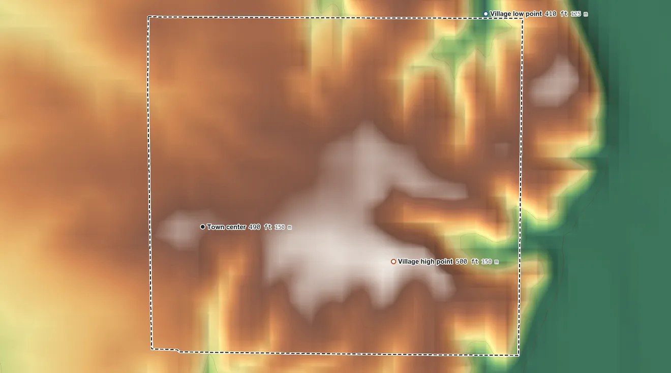 Topographic elevation map of Phillipstown, Illinois, shaded from 410 ft on the northeast side to 500 ft on the east side