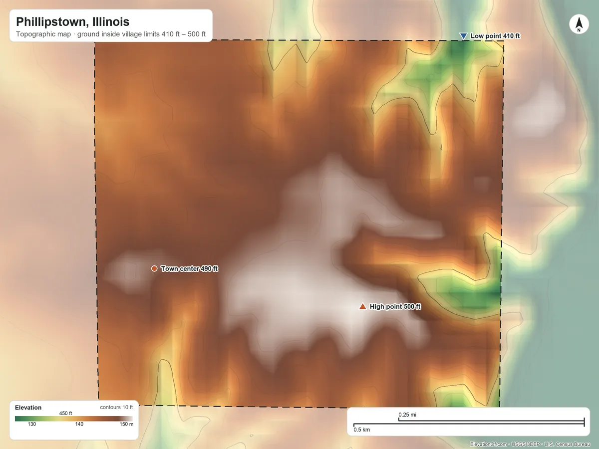 Topographic elevation map of Phillipstown, Illinois, shaded from 410 ft on the northeast side to 500 ft on the east side