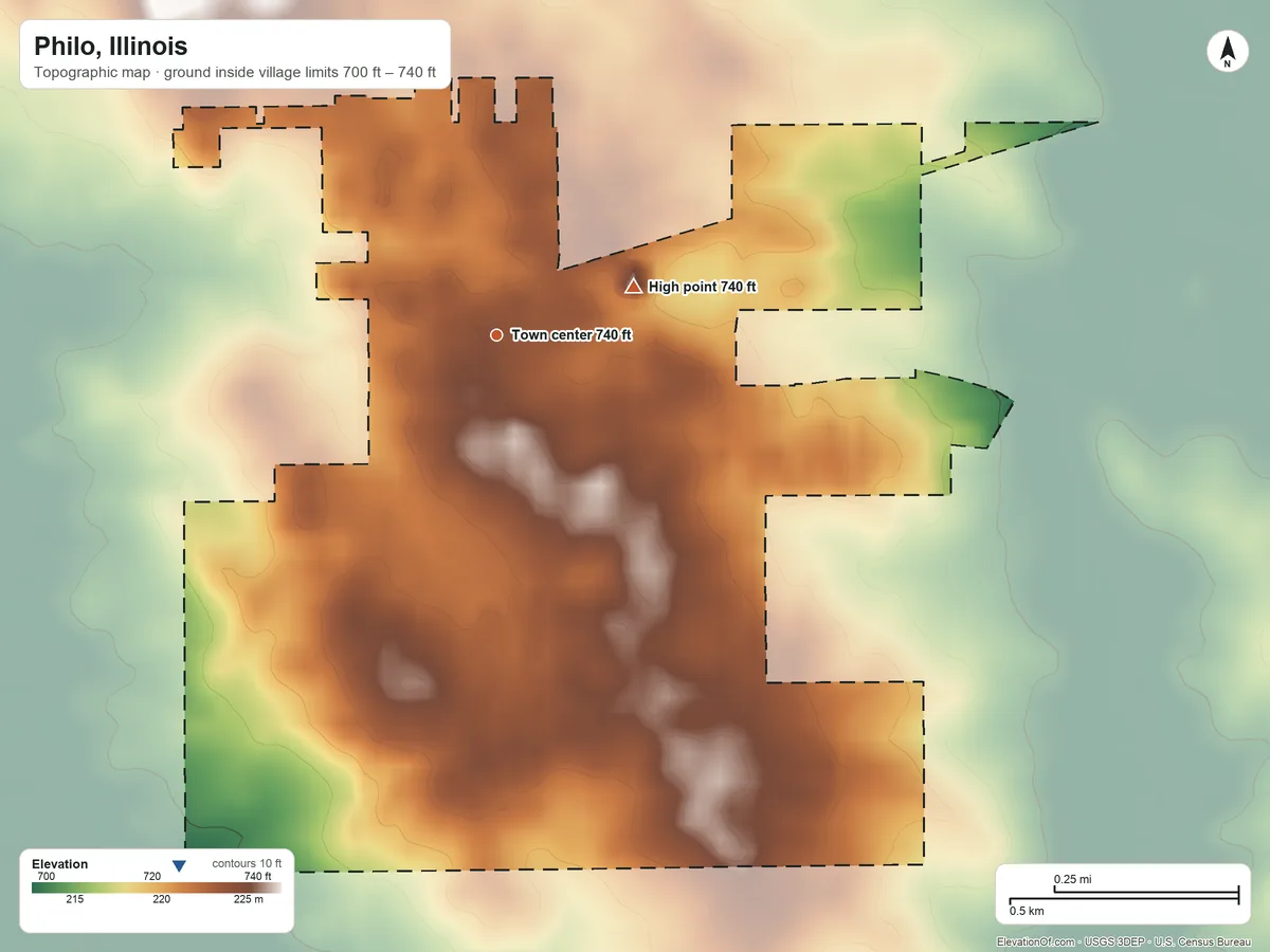 Topographic elevation map of Philo, Illinois, shaded from 700 ft on the southwest side to 740 ft on the east side