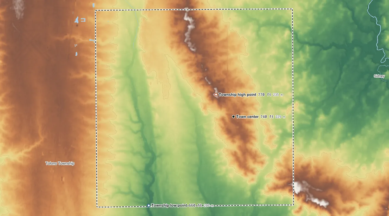 Topographic elevation map of Philo Township, Illinois, shaded from 660 ft on the southwest side to 770 ft on the northwest side