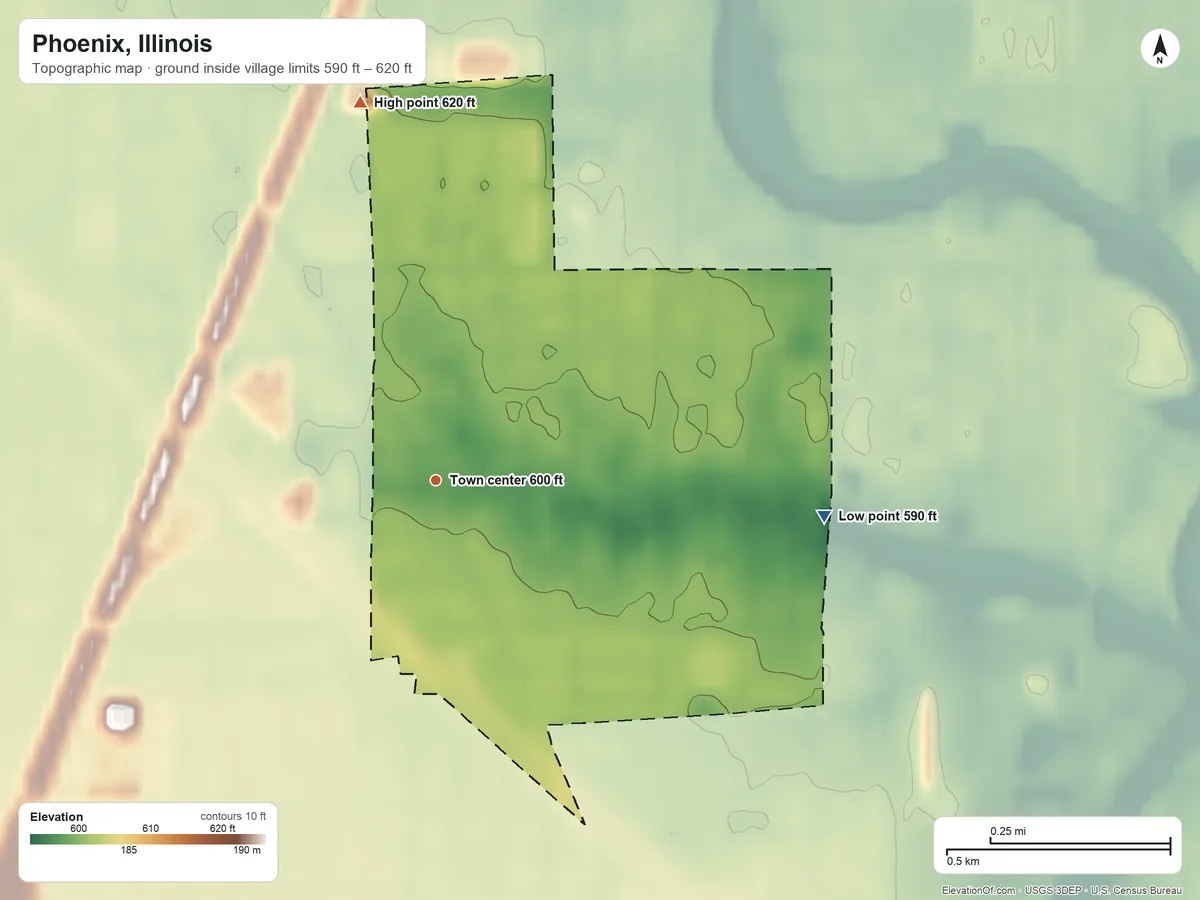 Topographic elevation map of Phoenix, Illinois, shaded from 590 ft on the east side to 620 ft on the north side
