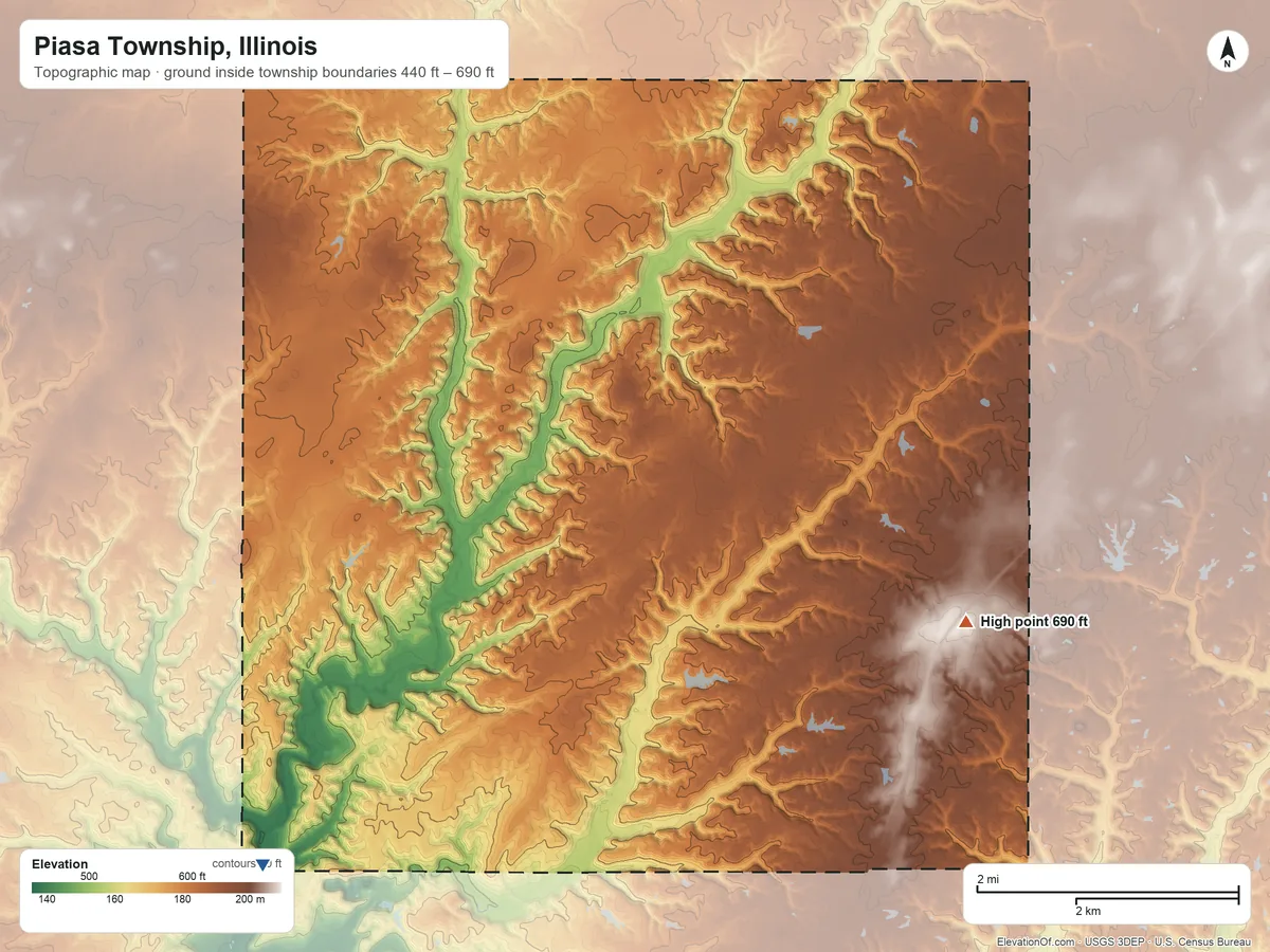 Topographic elevation map of Piasa Township, Illinois, shaded from 440 ft on the southwest side to 690 ft on the east side
