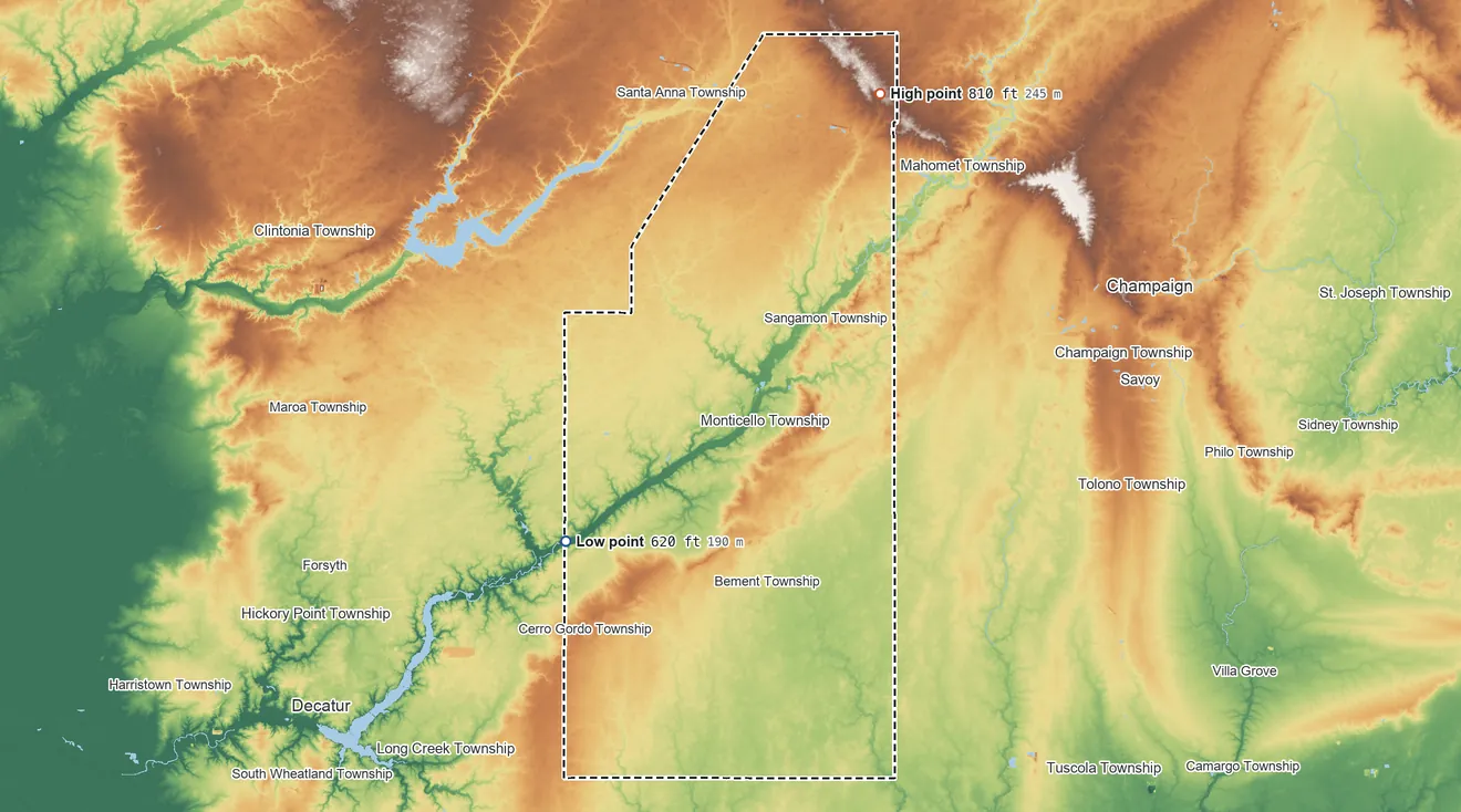 Topographic elevation map of Piatt County, Illinois, shaded from 620 ft on the southwest side to 810 ft on the northeast side