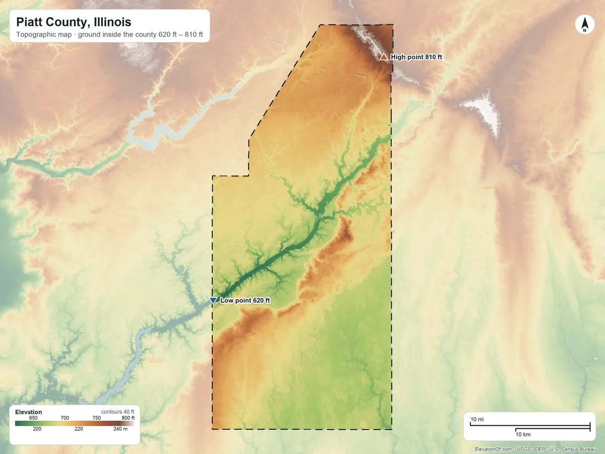 Topographic elevation map of Piatt County, Illinois, shaded from 620 ft on the southwest side to 810 ft on the northeast side