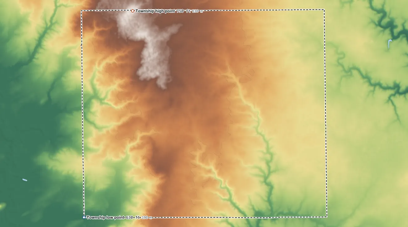 Topographic elevation map of Pickaway Township, Illinois, shaded from 630 ft on the southwest side to 750 ft on the northwest side
