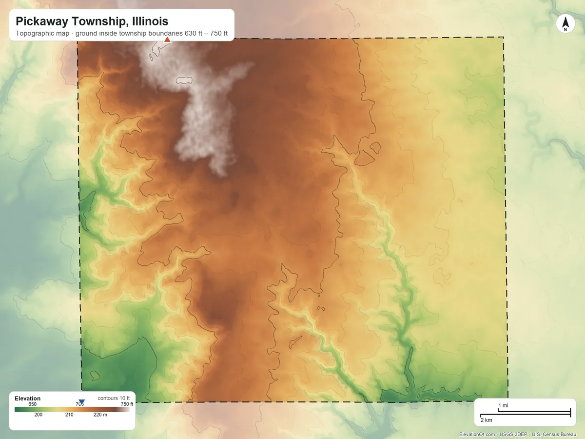 Topographic elevation map of Pickaway Township, Illinois, shaded from 630 ft on the southwest side to 750 ft on the northwest side
